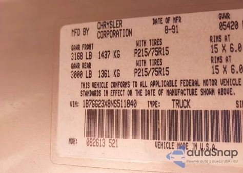 1992 Dodge Dakota from USA, damaged, VIN 1B7GG23X8NS511840